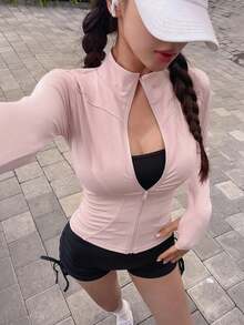 Chaqueta de mujer de color liso con cuello alto elástico, ajustada, de manga larga, para deportes casuales, primavera/otoño, escuela - Rosa 4 - Ver 1