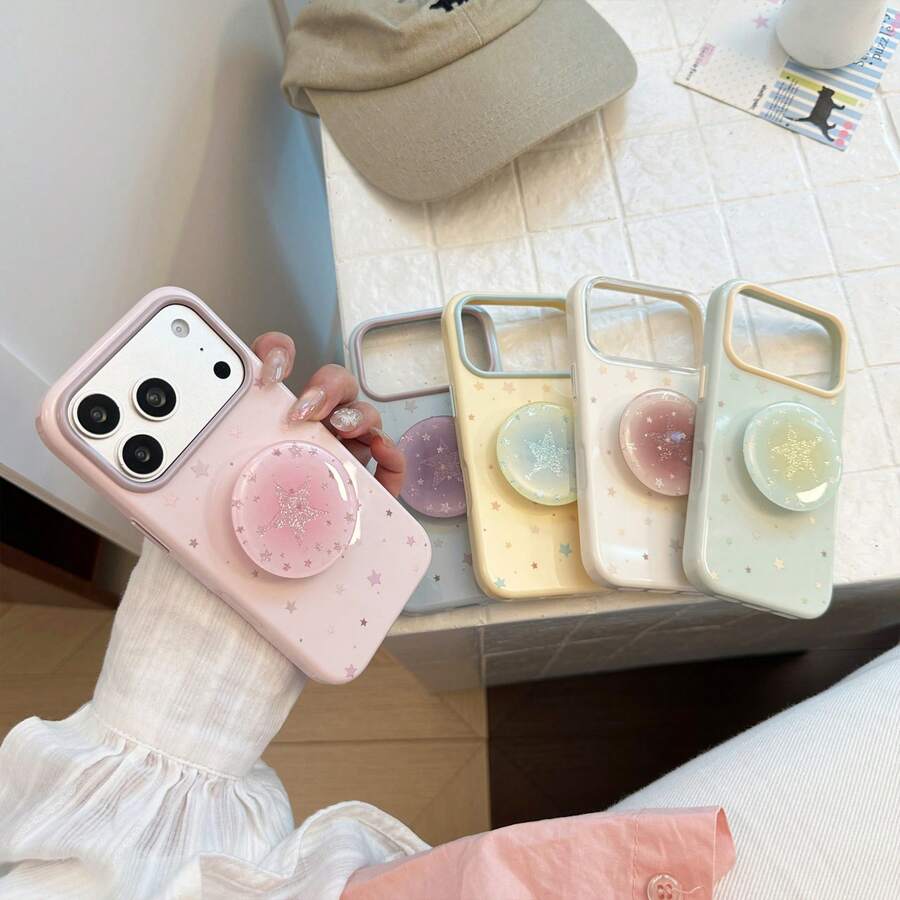 1pc Dreamy Gradient Transparent Star Sticker Phone Stand, Suitable For Back Case, Telescopic Multi-Function Foldable Epoxy Glitter Fresh - Gradient - View 1