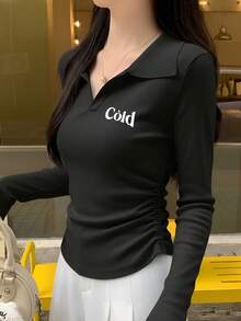 Hot-Selling V-Neck Drawstring Long Sleeve Base Layer Top, Black Slimming Sexy Style, Còld Letter Print Fitted Top Casual - Black - View 1