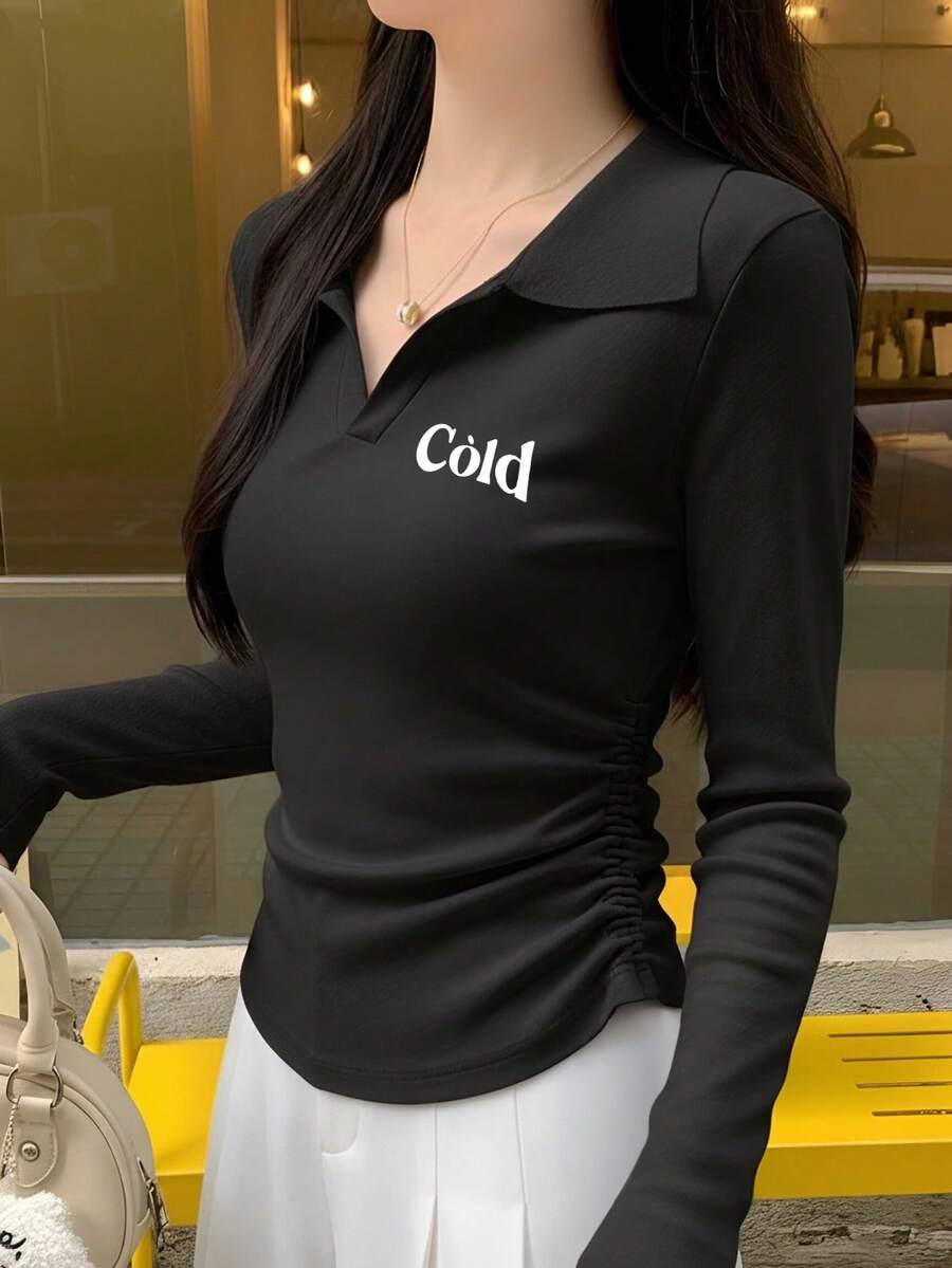 Hot-Selling V-Neck Drawstring Long Sleeve Base Layer Top, Black Slimming Sexy Style, Còld Letter Print Fitted Top Casual - Black - View 1