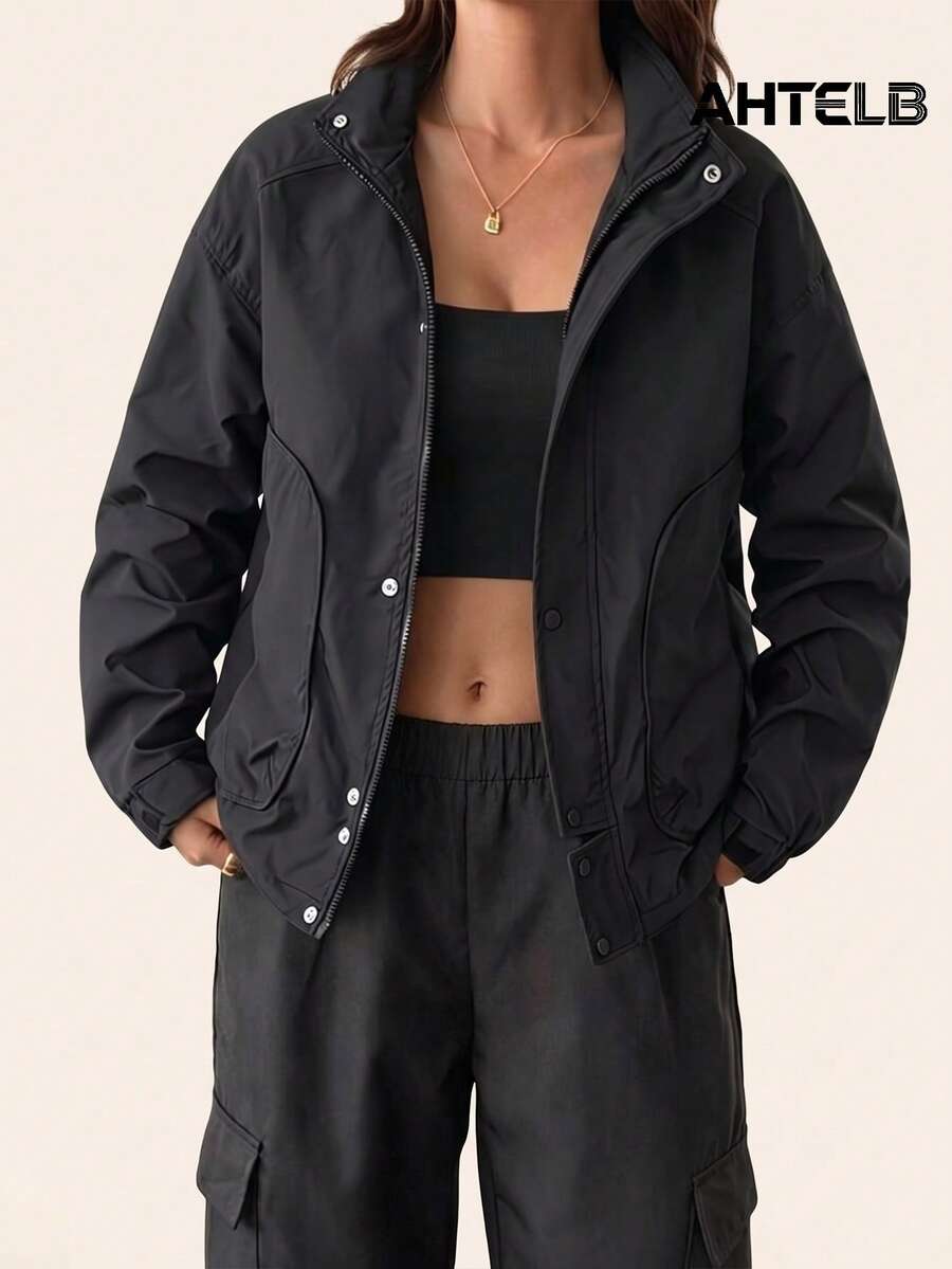 AHTELB Women's Stand Collar Jacket, Autumn American Casual Outerwear, Stand Collar Zipper Style, Large Pockets Utility Style, Ribbed Cuffs Sporty Black - Black - View 1