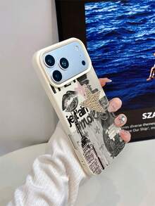 1pc White Matte Minimalist Lens Protection English Star & Lips Pattern Phone Case, Personalized Compatible With Iphone 16 Pro Max/17/16/15/14/13/12/11/Air And Series - Multicolor - View 3