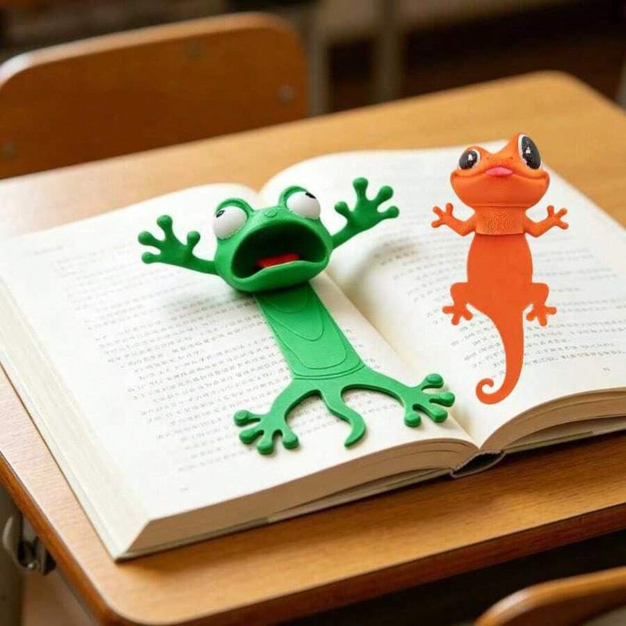 3D Cartoon Frog & Gecko Bookmark Set, Cute Squeezeable Animal Shaped Bookmarks (Random Pattern Style), Creative Design Bookmarks, Office Supplies, Reading Gift, Perfect Gift For Family And Friends - A - View 1