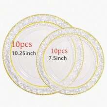 10/20/25 Pack 10.25 Inch & 7.5 Inch Clear Hammered Double Gold Rim Round Dinner Plates Food Trays, Chic Transparent Dinnerware Set For Halloween Autumn Harvest Party, Fancy Serving Plates For Party Hosts & Guests - View 15