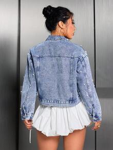 Women's Stylish Pearl Embellished Denim Jacket, Light Wash Long Sleeve Button Front Jean Coat With Collar, Short Length Non-Stretch Fabric Outerwear - Light Wash - View 3