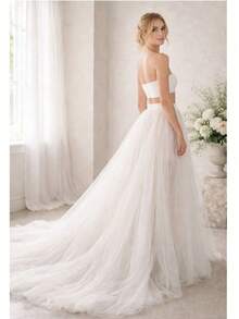 1pc Ivory 5-Layer Detachable Tulle Wedding Overskirt, Long Train Slit Mesh Skirt, Suitable For Outdoor Wedding, Bridal Photography, Ball And Fairy Cosplay Accessory - White - View 8