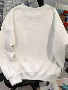 Korean Style INS Cat & Dog Letter Print Crew Neck Sweatshirt, Loose Casual Versatile Heather Gray Long Sleeve Autumn Top - Off-white - View 3