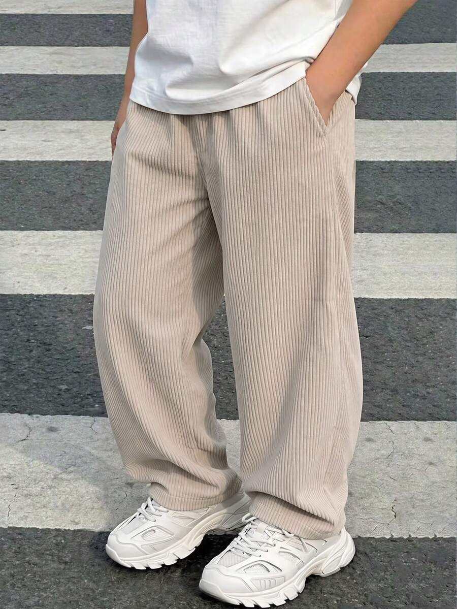 1pc Boys Autumn Corduroy Vintage Versatile Loose Casual Wide Leg Long Pants - Apricot - View 1