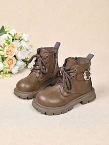 Sepatu bot hitam manis dan keren untuk anak perempuan dengan hiasan renda, emblem, sol tebal, anti selip, dan resleting samping. - Khaki - View 2