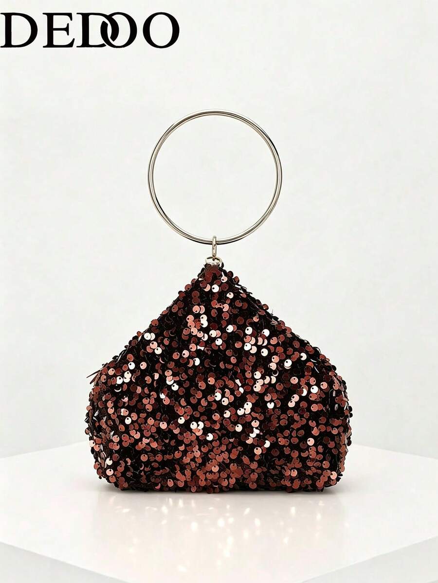 Dedoo 女款三角晚宴手拿包,亮片刺繡布料,金屬環手柄,拉鍊開合,奢華優雅派對婚禮宴會包 - 棕色 - 查看 1