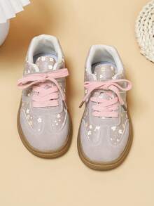Girls' Floral Casual Training Sneakers, Light Gray Floral Upper With Pink Shoelaces, Hook And Loop Closure For Easy On And Off, Non-Slip Rubber Thick Sole, Versatile School Shoes - Pink - View 5