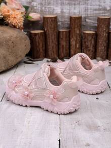 Girls' Mesh Athletic Shoes With Sweet Pearl & Flower Decor, Hook & Loop Closure, Soft Sole, Non-Slip Casual Chunky Sneakers - Pink - View 5