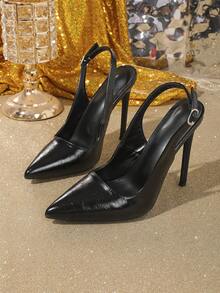 Sexy Fashionable Pointed Toe High Heel Stiletto Casual Versatile Slingback Black Pumps For Women - Black - View 7