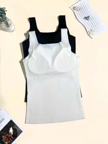 3pcs/Pack Minimalist Fashion Women's Long Tank Top, Wide, Seamless, Wire-Free, Built-In Padded, Comfortable Push-Up Camisole - Multicolor - View 2