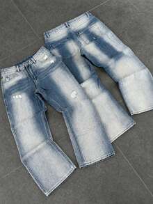 Men's Washed Ripped Slant Pocket Jeans Daily Simple Fashion - Blue - View 1