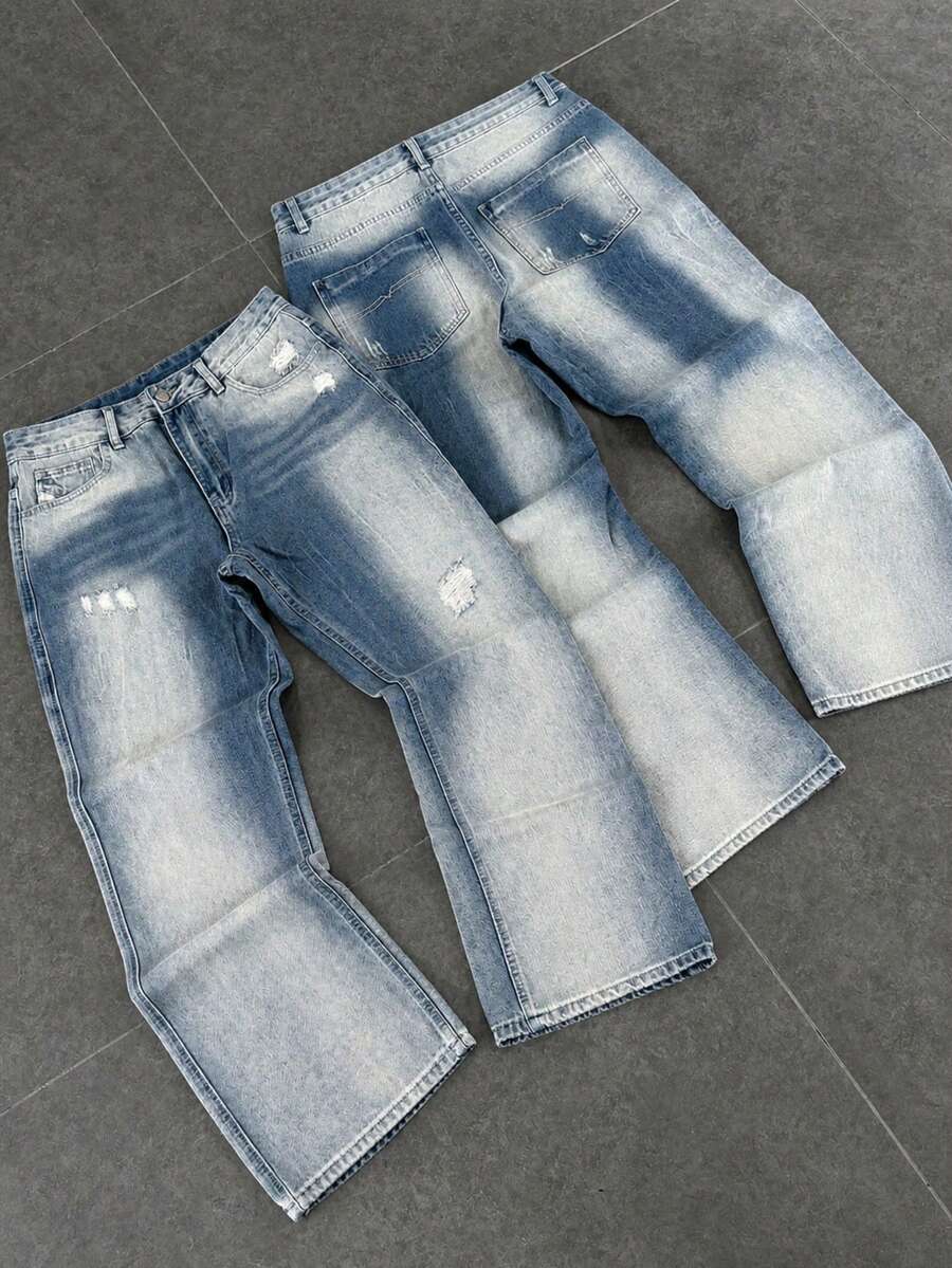 Men's Washed Ripped Slant Pocket Jeans Daily Simple Fashion - Blue - View 1