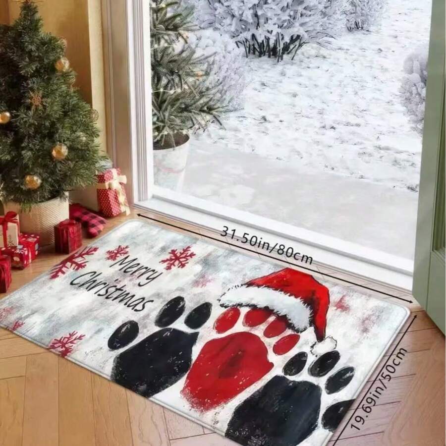 1pc, Personalized Graffiti Paw Print Christmas Doormatwith A Easy Red And Black Snowflake Pattern, Featuringa "Merry Christmas" Welcome Message. This Soft,Absorbent, Non-Slip Mat Is Perfect For The Bathroom,Holiday Kitchen Decor - A - View 1