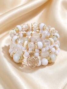 4pcs/Set Round Bead Heart Bracelet, Clean And Soft, Suitable For Bohemian Style Dressing, Short Trips, Holiday Shopping And Styling - White - View 3