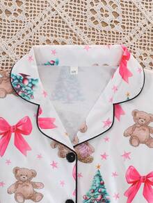 2pcs/Set Christmas Children's Short Sleeve Pajama Set, Flame Retardant Fabric, Christmas Tree Cartoon Bear Print Pattern, Lapel Short Sleeve Cardigan And Long Pants Set, All Season Wear, Home Wear, Comfortable And Loose, Girls Medium And Large Children - White - View 4