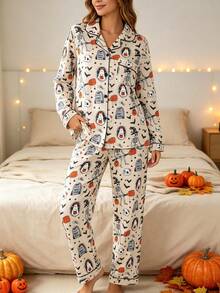 2pcs Women's Casual Long Sleeve Pajama Set, Lapel Long Sleeve Cardigan And Comfortable Pants, Ghost Skeleton Halloween Pattern, Suitable For All Seasons, Halloween Holiday Party Pajama Set - Apricot - View 4
