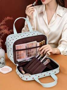 Polka Dot PU Cosmetic Bag, Multi-Layer Partition Handheld Travel Toiletry Storage Bag, Large Capacity Multi-Compartment With Luggage Strap Waterproof - Multicolor - View 3