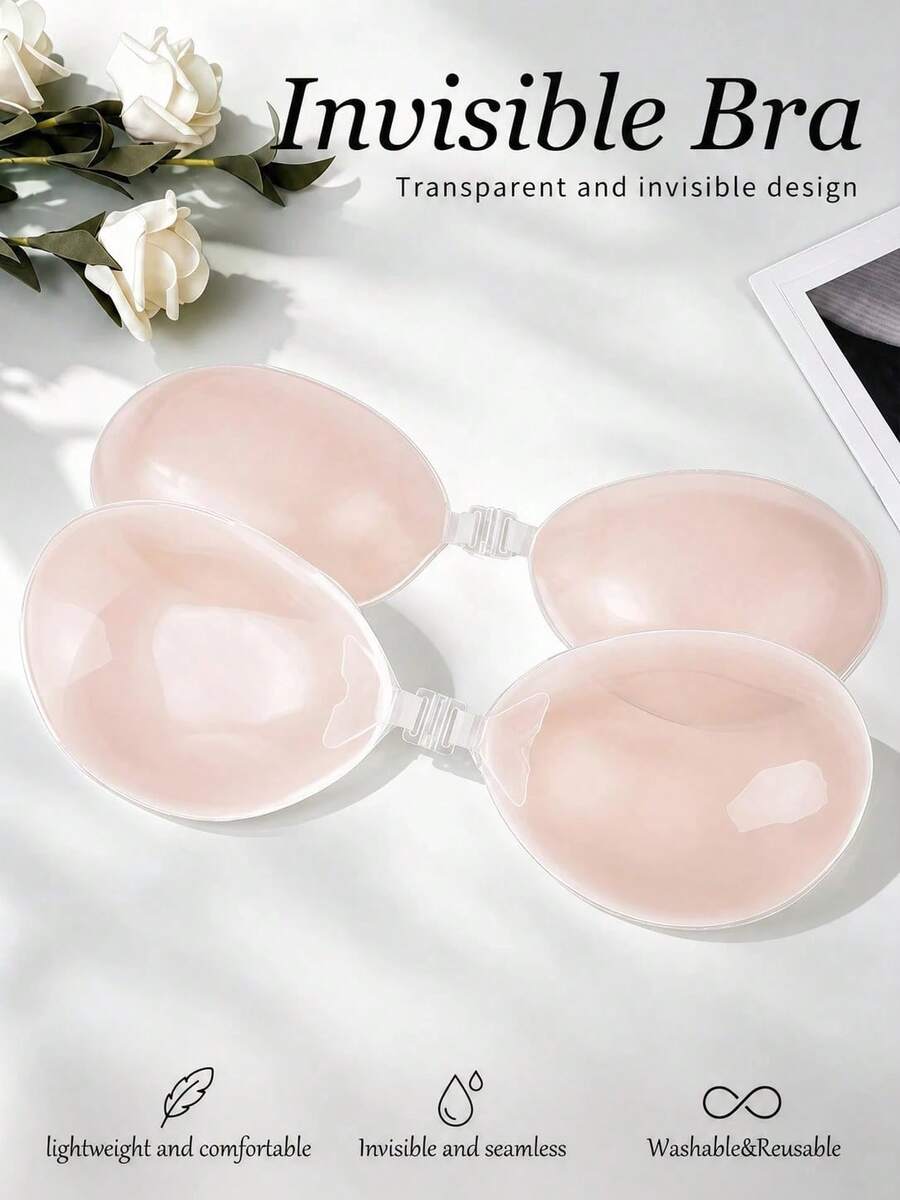 1pc Round Front-Clasp Self-Adhesive Silicone Bra, Transparent Strapless Backless Breast Support, Reusable Invisible Adhesive Bra, Comes With 30pcs Disposable Nipple Covers Value Set - Multicolor - View 1