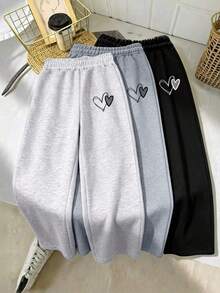 3pcs/Set Girls Heart Print Casual Wide Leg Pants, Loose Fit Design, Soft And Comfortable, Suitable For Daily Wear - Multicolor - View 3