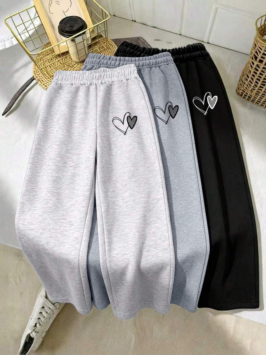 3pcs/Set Girls Heart Print Casual Wide Leg Pants, Loose Fit Design, Soft And Comfortable, Suitable For Daily Wear - Multicolor - View 1
