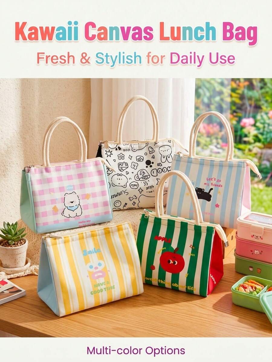 1pc [5 Cartoon Styles] Insulated Lunch Bag , Portable Small Lunch Tote With Foil Lining, Zipper Closure, Rope Handles, Kawaii Work School Picnic Food Bag For Everyday Use,Back To School - Multicolor - View 1