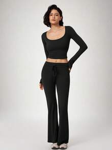 NcmRyu Women's One Set Autumn/Winter Solid Color Short Long Sleeve Drawstring Waist Flare Pants Sports Outfit - Black - View 10