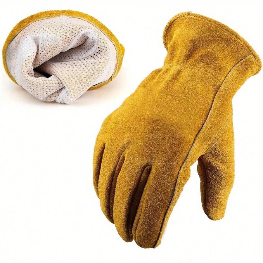 1PC Thick Cowhide Leather Work Gloves, Heat Resistant & Anti-Slip, Unisex, Suitable For Welding, Gardening, Woodworking, Construction, Fireplace, Camping, Safety Protection, Yellow - Yellow - View 1