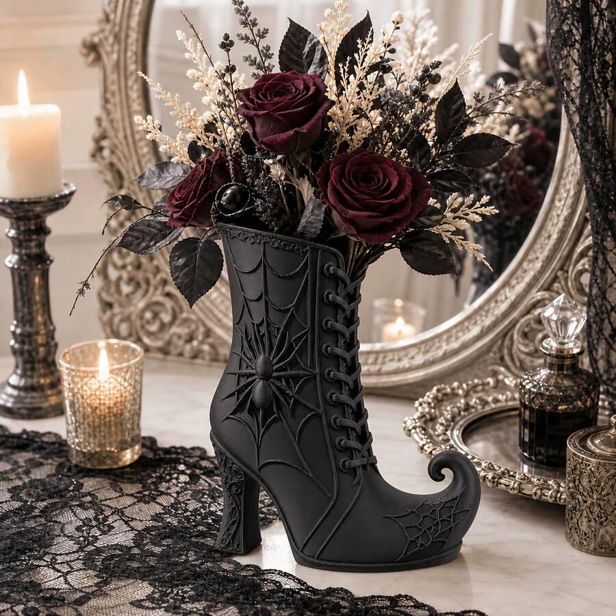 1pc Halloween Witch Boot Vase, 3D Printed Spider Web Decor, Gothic Style Floral Display Stand, Witchy Home Decor, Spooky Desktop Centerpiece, Modern Living Room Bookshelf Exquisite Vase, Autumn Home Decor - Boot-shaped - View 1
