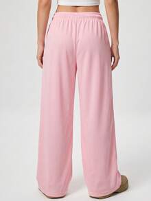 KyrLssu Women's Drawstring Elastic Waist Wide Leg Sweatpants, Casual Loose Fit Oversized Long Pants With Pockets - Pink - View 4