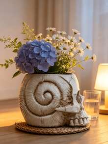 1pc Skull Ammonite Planter, Unique Fossil Spiral Design Decorative Vase, Bohemian Gothic Home Bathroom Desktop Centerpiece Decor, Indoor Succulent Orchid Stand, Modern Bookshelf Aesthetic Plant Container - Multicolor - View 3