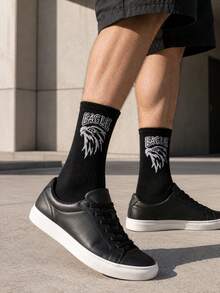 1/3 Pairs Men's Mid-Calf Socks With Lettering, Black Socks, Eagle Pattern, Suitable For Outdoor And Indoor, Unisex, Comfortable Fabric, Fashion, Sports, Gift For Men - Multicolor - View 4