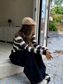Women's Contrast Striped Knit Sweater, Autumn Fashion Elegant Slimming Short Cardigan (Random Stripes) - Brown - View 7