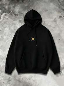 AnChiStreetwear--هودي رجالي مقاس كبير بطبعة عناصر المغامرة الخارجية مع رباط وجيوب، خريف/شتاء، ملابس علوية بأكمام طويلة - الأسود - مشاهدة 3