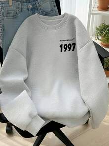 Minimalist Brand 1997 Large Number Print Heather Gray Crew Neck Sweatshirt Oversize Unisex Basic Autumn/Winter Sweatshirt - Light Grey - View 3