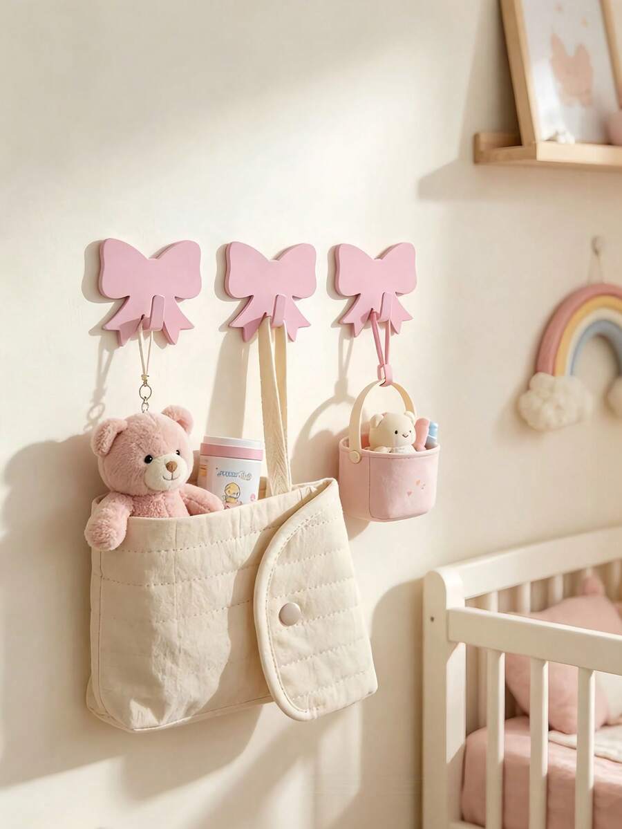5pcs/10pcs Bow-Shaped Adhesive Hooks, No Drill Holes And No Marks, Suitable For Children's Room Wall Storage, Suitable For Living Room And Bedroom Wall Storage