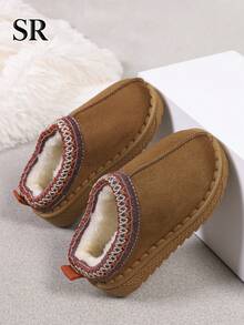 1 Pair Children's Winter Thick Warm Home Slippers, Embroidered Fashion Slippers, Daily Home Versatile Casual Shoes - Brown - View 5