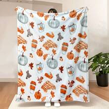 Fall Soft Fleece Throw Blanket, Pumpkin Spice Design, With Pumpkins, Leaves & Coffee Cups, For Living Room Sofa Couch Bed Chair Dorm, Seasonal Gift Or Home Decor - Multicolor - View 2