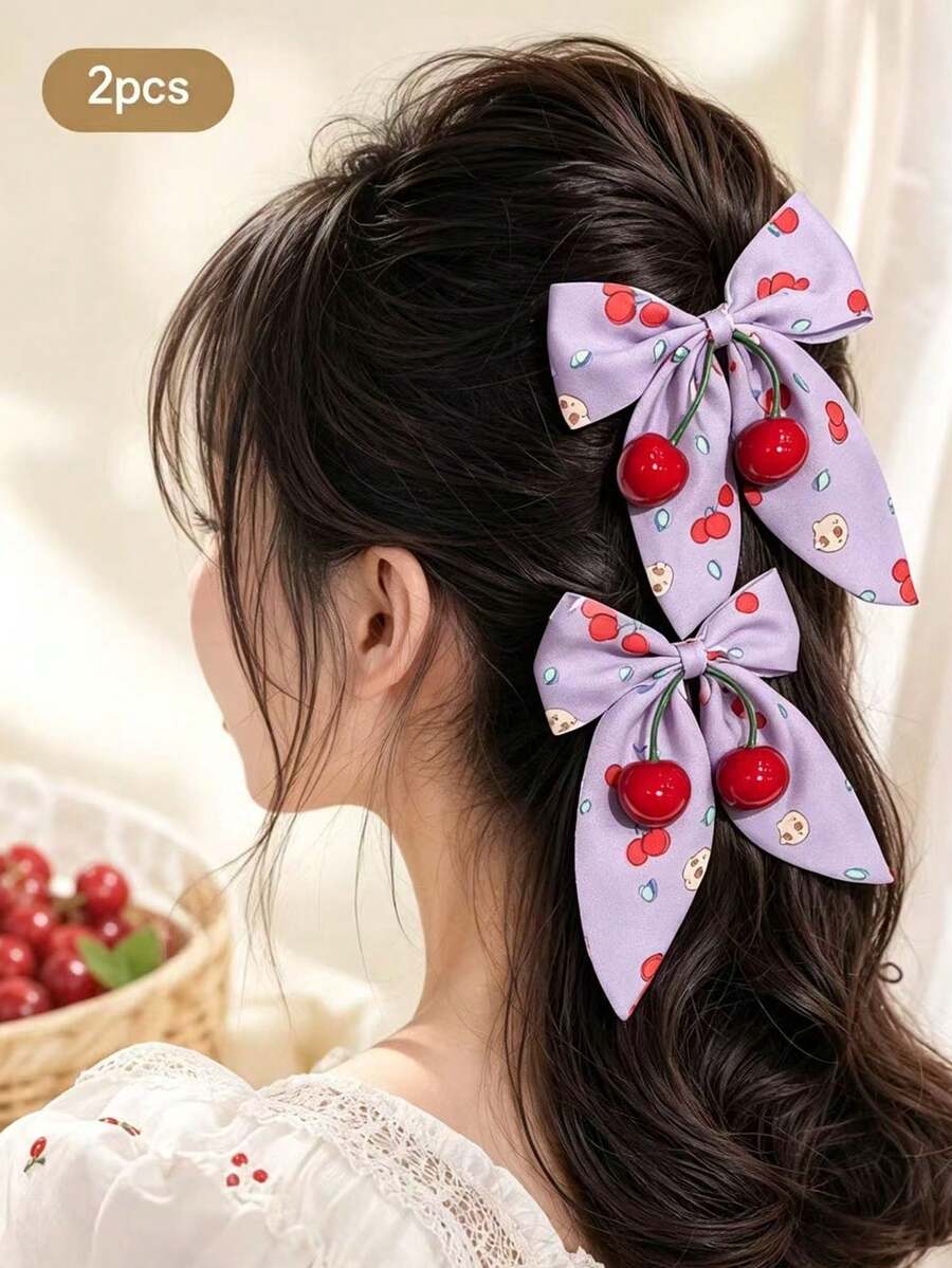 2件甜美風櫻桃蝴蝶結髮夾 韓系時尚髮飾 適合日常佩戴 平價 - 彩色 - 查看 1