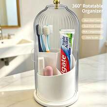 Makeup Brush Holder With Lid, 360° Rotating Dust-Proof ABS Storage Box, 3-Compartment Sliding Lid Toothbrush Holder With Non-Slip Base, Multi-Purpose Space-Saving Organizer For Makeup Brushes, Toothpaste, Suitable For Vanity, Bathroom, Home, Dorm, Apartment - Multicolor - View 8