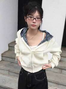 Korean Style Chic Versatile Minimalist Casual Loose Slouchy Plaid Patchwork Sweatshirt Short Jacket Women's Top Autumn/Winter - Apricot - View 4