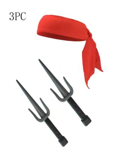 1 Set 3pcs Halloween Costume Props Red Headband Dual Plastic Trident Set Party Cosplay Funny Performance Accessories
