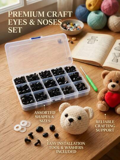 512pcs Plastic Eyes And Noses Set, Includes Installation Tools And Washers, High-Quality Black Resin Material, Mixed Round Flat And Nose Shapes, With Fixing Screw Backs, Suitable For Plush Toys, Stuffed Animals, Dolls And Crochet Toys, Essential DIY Craft Supplies For Handmade Gifts