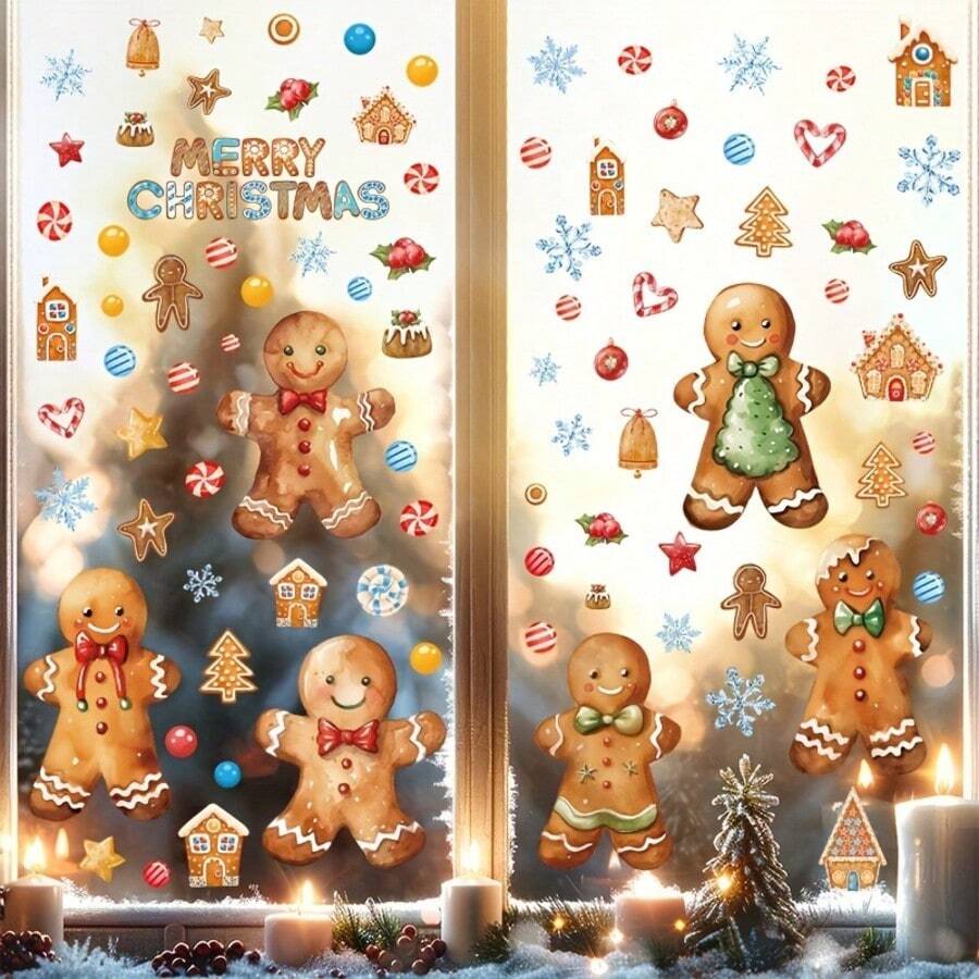 4pcs Christmas Gingerbread Man Creative Window Stickers, Christmas Decoration Glass Stickers, PVC Static Cling Stickers, Home Decor, Window Display Decor, Suitable For Living Room, Kitchen, Store Windows And Doors - one-size - View 1