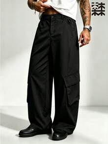mulinsen Men's Wide Leg Cargo Pants Black Multi-Pocket Loose Drape Casual Long Pants Streetwear Brand Elastic Waist - Black - View 8