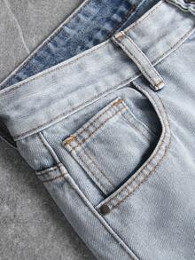 Men's Loose Straight Leg Jeans With Geometric Stitching Patchwork Design, American High Street Cargo Style Style, Retro Streetwear, All Season, Wide Leg, Mid Waist, Contrast Stitching, Light Blue - Dusty Blue - View 7