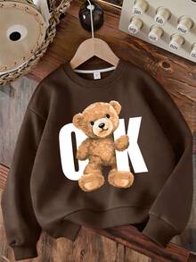 2pcs/Set Girls' Round Neck Sweatshirt & Flared Pants Outfit, Brown Bear Print Round Neck Sweatshirt + Flared Pants Set, Suitable For Autumn/Winter Daily Wear - Multicolor - View 6